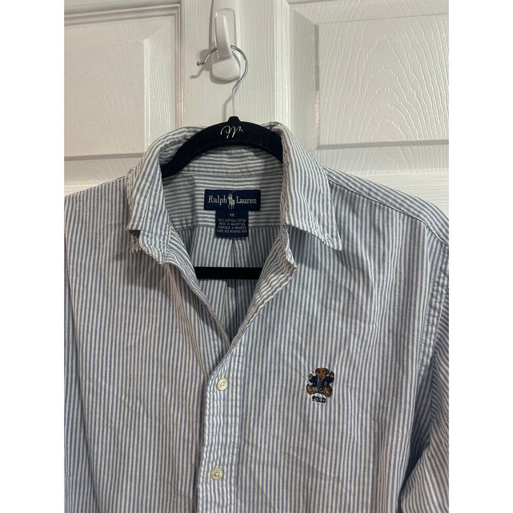 Polo Ralph Lauren Polo Bear Button Up Shirt Y2K Wmn Sz 10 Blue White Stripe - Picture 4 of 7